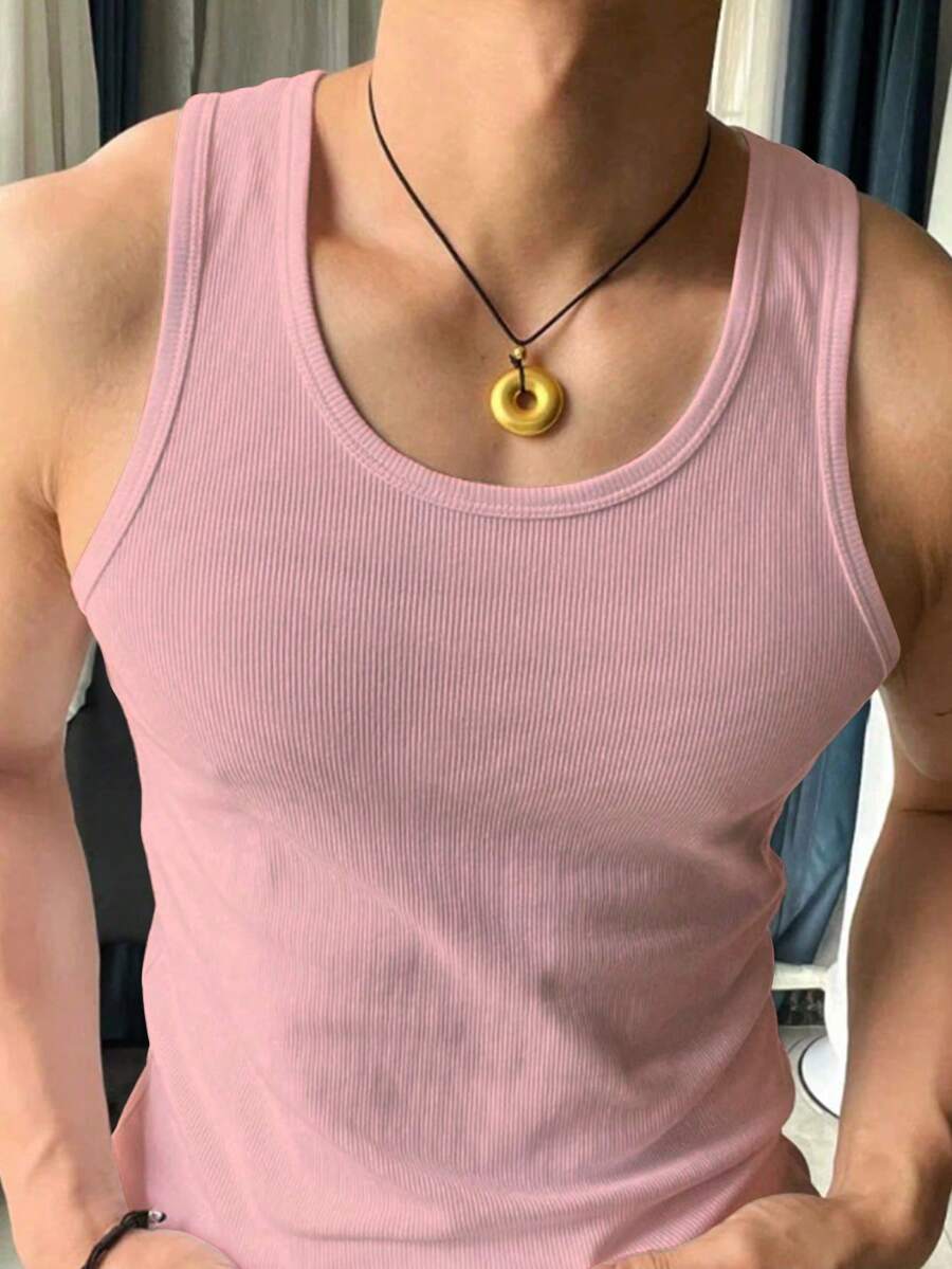 Manfinity Dauomo Camiseta de tirantes casual de unicolor acanalada para hombre - Rosa - Ver 1