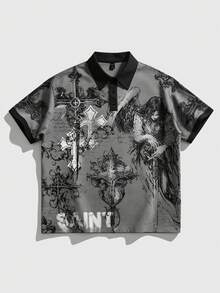 ROMWE MEN Camiseta polo de manga corta casual para hombre, estampado de agua con estilo universitario punk - Gris - Ver 1