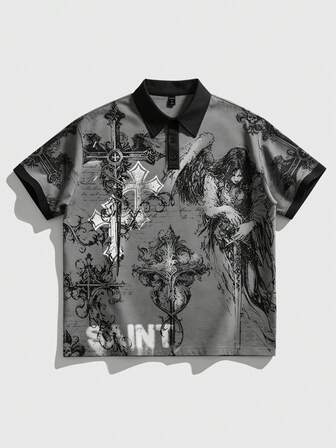 Polo à manches courtes décontracté pour hommes, Top style universitaire imprimé punk aquatique