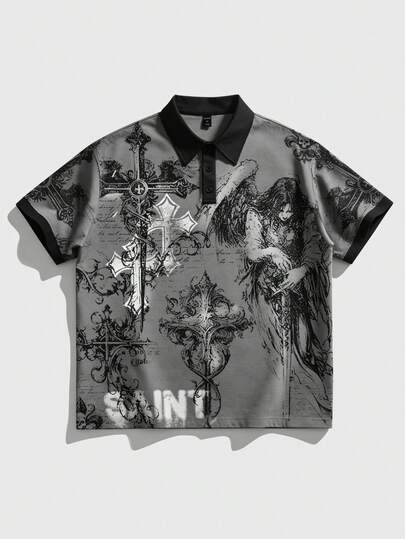 Maglietta casual da uomo a maniche corte con colletto tipo polo, stampa acquatica in stile punk e collegiate