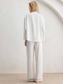 Ocili Women's Solid Color Long Sleeve Single-Breasted Top And Pants Pajama Set - White - View 3