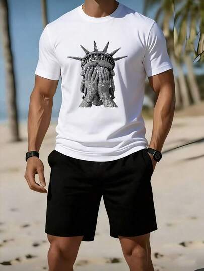 Conjunto de camiseta holgada de manga corta y pantalones cortos para hombre, con estampado de la Estatua de la Libertad con manos cubriendo la cara, estilo urbano casual para playa