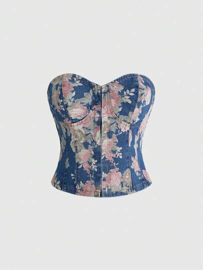 ROMWE Fairycore 女士复古田园风印花抹胸露脐上衣