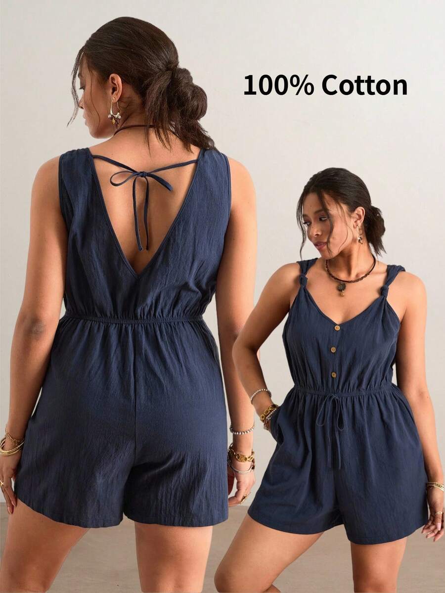 Freevana 100%纯棉加大码女式纹理纽扣装饰弹力腰带夏季简约休闲连体裤女式连身短裤女式亚麻连体裤舒适连身裤女式连体裤夏季连身裤女式连身裤 - 藏蓝色 - 查看 1