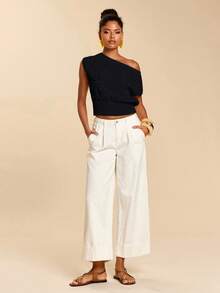 Travachic 女士休闲纯色印花露肩针织上衣，夏季 - 黑色 - 查看 3