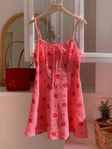 SHEIN EZwear 大码女式夏季海滩度假风印花刺绣吊带裙 - 紅色 - 查看 7