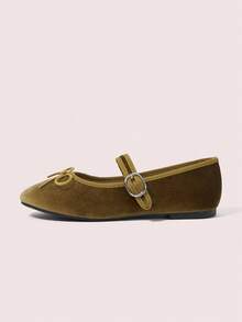 CUCCOO DOLLMOD Ladies Grass Green Round Toe Bow Decoration With Buckle Flat Sole Shoes Upper Velvet Material Suitable For Daily Commuting Birthday Parties - grass green - View 2