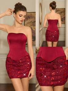 Poshira 奢华闪亮正式礼服，高端优雅派对礼服 - 酒紅色 - 查看 3