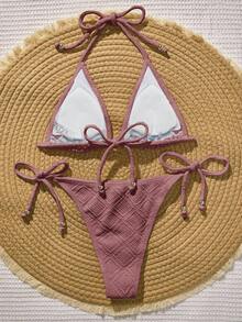 Swim Vcay Conjunto de bikini texturizado de unicolor para vacaciones en la playa - Rosa Pálido - Ver 2