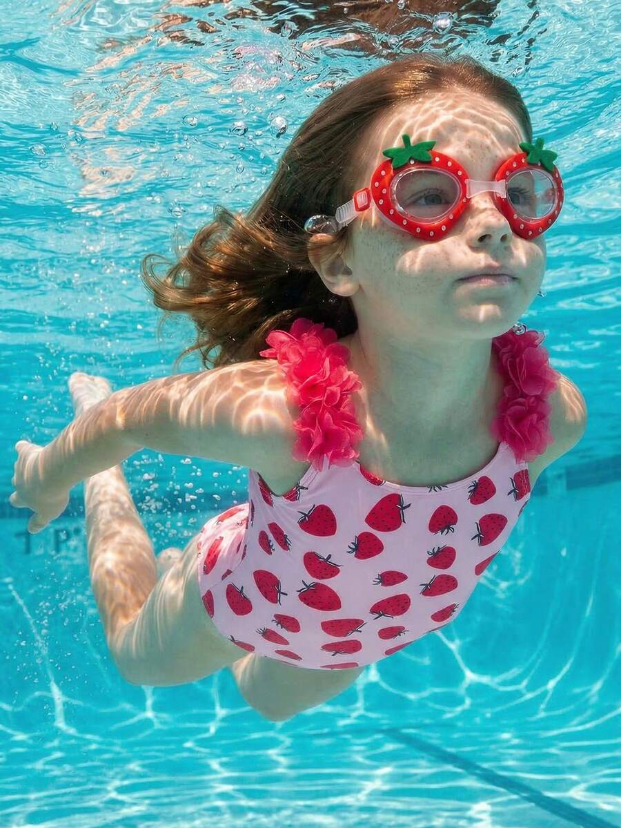 Maija Kids Maija Kids 1件装少女休闲优雅度假修身可爱草莓印花吊带泳衣，适合泳池、海滩、海边、沙滩派对、春夏季节穿着。 - 粉色 - 查看 1