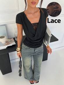 Siren Gaze 春夏新款蕾丝拼接荷叶边领T恤，女士优雅黑色弹力修身褶裥收腰显瘦上衣 - 黑色 - 查看 4