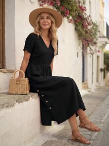 EMERY ROSE Women's Black V-Neck Short Sleeve Pocket Casual Mid-Length Dress,Vacation Long Dress, Women Vacation Dress, Women Casual Dress - Black - View 5