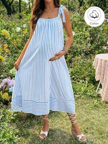 SHEIN Maternity Summer Casual Vacation Striped Tie Shoulder Dress - Blue - View 3