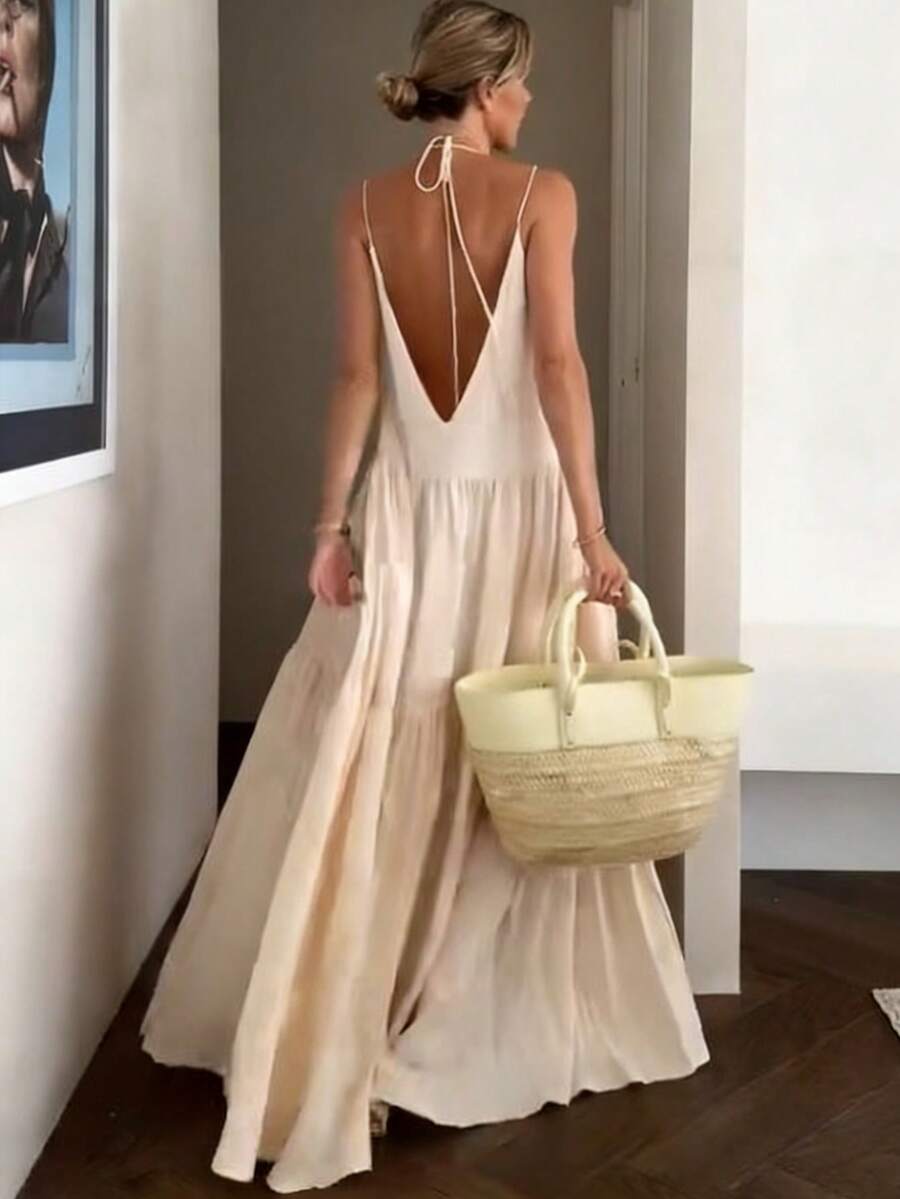 Serisse Đầm dài xếp ly bất đối xứng màu trơn dáng rộng dành cho nữ, đầm hai dây thoải mái đi biển, đầm đi nghỉ mát. - Màu be - Xem 1