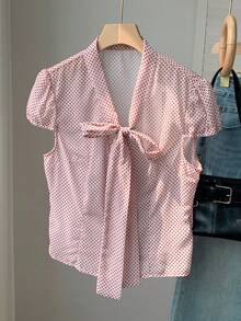 Comfortcana Women's Elegant Pink Polka Dot Tie Neck Cap Sleeve Blouse,Summer Tea Party Casual Top,Holiday Y2k Work Outfits,Country Style Button Front Shirt - Pink - View 6
