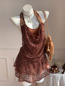 Comfortcana Women's Brown Button Decorative Swinging Neck Hanging Collar Folded Casual Mini Dress, Summer Outfits For Women,Summer Dresses For Women - Brown - View 3