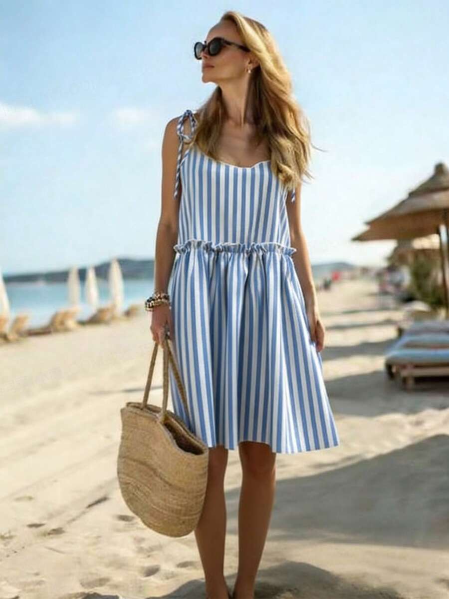 Breezaya 女士条纹休闲度假吊带裙 - 藍白色 - 查看 1