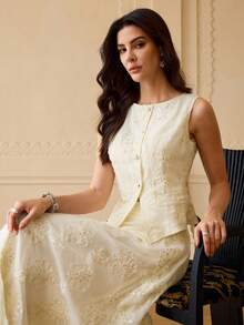 ZEYLAH CHAQUETA PARA MUJER, DISEÑO ELEGANTE SIN MANGAS, CHALECO CON DISEÑO DE TELA PERSONALIZADO - Albaricoque - Ver 2