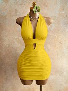 Mistrie Vestido de verano de mujer de unicolor simple con cuello halter, espalda descubierta y drapeado ajustado - Amarillo - Ver 5