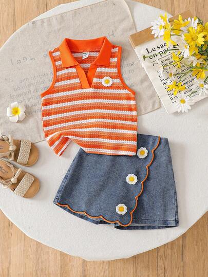 SHEIN Vintaside Kids 女童夏季两件套，橙色条纹针织提花V领背心上衣+不规则下摆牛仔短裤，饰有3D立体花卉图案，适合日常穿着、旅行和度假。