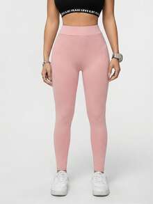 SHEIN Essnce Quần legging thể thao bó sát màu trơn, thích hợp cho các hoạt động thể thao mùa hè, mỏng nhẹ, yoga, màu trắng, thời trang, múa ba lê. - Hồng - Xem 7