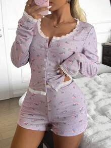 DAZY 2pcs Lace Patchwork Ditsy Floral Slim Fit Cardigan & Shorts Pajama Set, Suitable For Spring & Summer - Mauve Purple - View 3