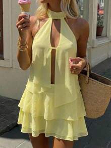 Aloruh Women's Pale Yellow Chiffon 2 Pieces Set Solid Hollow Asymmetric Hem Tank Top And Mini Skirt,Summer Tropical Holiday Vacation Boho Beach Outfits - Yellow - View 1