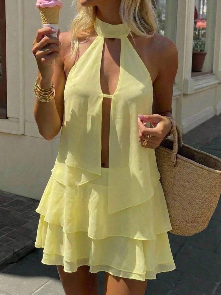 Aloruh Women's Pale Yellow Chiffon 2 Pieces Set Solid Hollow Asymmetric Hem Tank Top And Mini Skirt,Summer Tropical Holiday Vacation Boho Beach Outfits - Yellow - View 1