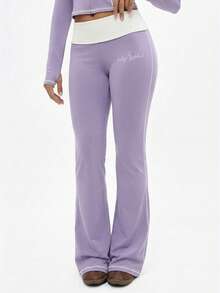 BABYPHAT Leggings acampanados de talle alto con detalles en contraste de color lavanda y ribete blanco, moda de otoño para mujeres - Lila Púrpura - Ver 4
