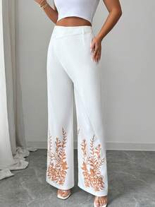 SHEIN Elenzya Women's Elegant Positioned Floral Print White Asymmetrical Asymmetric Hem Pants, Suitable For Dates, Everyday Wear, Work, Casual, Vacation, White Wide Leg Pants Women, White Pants - White - View 4