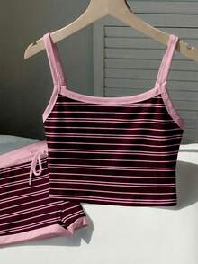 Comfortcana 休闲简约复古优雅通勤百搭暖棕色和粉色条纹印花图案，沙滩/度假套装，女士夏季两件套露脐上衣和短裤 - 彩色 - 查看 7