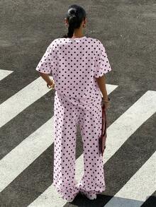 Muchica Women's Casual Pink Polka Dot Pattern Loose T-Shirt And Wide Leg Pants Set, Suitable For Outings, Street Style, Y2K Fashion, Spring/Summer, Wide Leg Pants Set - Pink - View 2