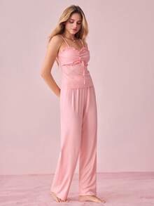 Lowkey Lull Coquette 吊带连体裤，荷叶边下摆，柔软弹力牛奶丝面料，休闲Y2K风格女士家居服套装 - 粉色 - 查看 7