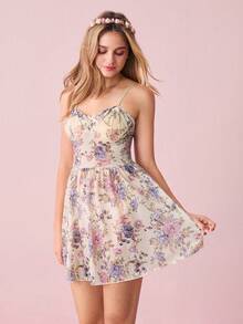 Snug Zone 女士花卉印花蝴蝶结细节吊带睡裙，夏季蝴蝶结 - 米色 - 查看 7