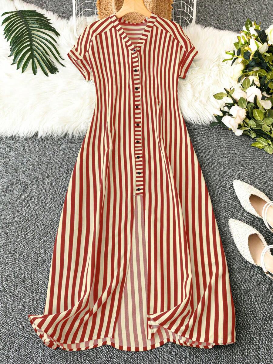Omancia Đầm maxi kẻ sọc xẻ tà cao dành cho nữ. - Màu Đỏ Sâu - Xem 1