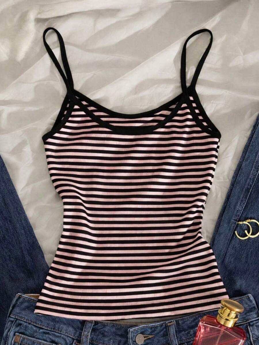 Glimmora Striped Minimalist Women's Camisole, Gift For Friends - Baby Pink - View 1