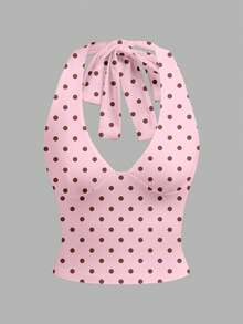 MainGRL Women's Casual Tight Halter Neck Camisole, Women's Summer Outfit, Y2K Style, Polka Dot Print - Multicolor - View 2