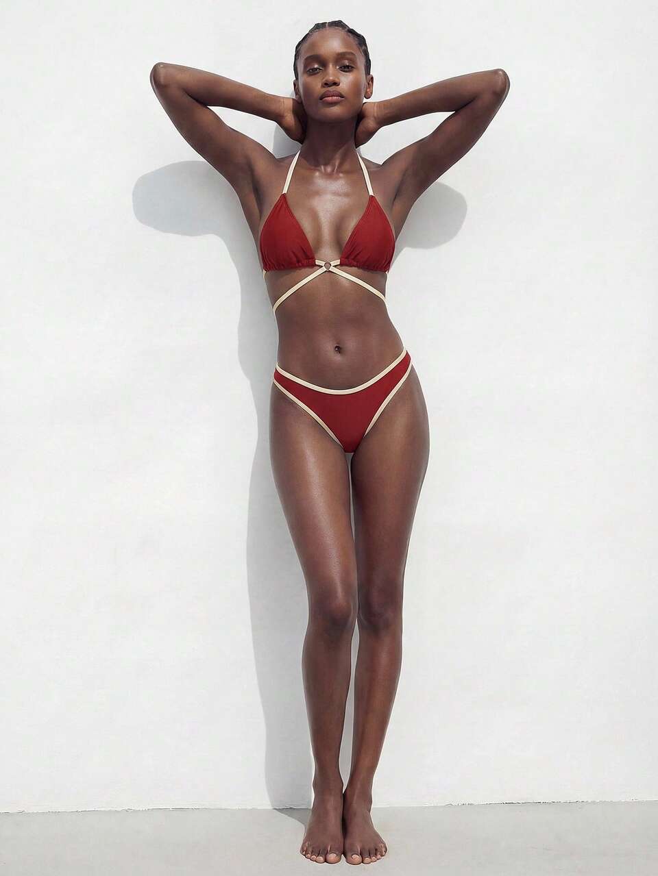 SHEIN Maija Women's Red Summer Cute Beach Holiday Contrast Trim Tie-Up Backless Knotted Halter Split Bikini Set,Curve 2 Pieces Bathing Suit Swimwears For Woman
