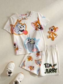 TOM & JERRY X SHEIN 男童卡通印花圆领短袖上衣和短裤休闲睡衣套装 - 彩色 - 查看 1