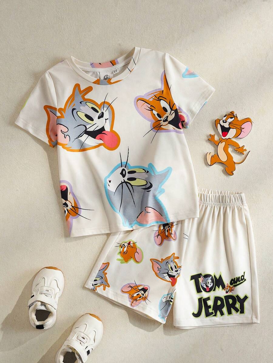 TOM & JERRY X SHEIN 男童卡通印花圆领短袖上衣和短裤休闲睡衣套装 - 彩色 - 查看 1