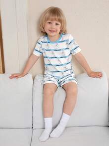 LOONEY TUNES X SHEIN Young Boys Crew Neck Short Sleeve Cute Print Pajama Set, Summer - Blue and White - View 5