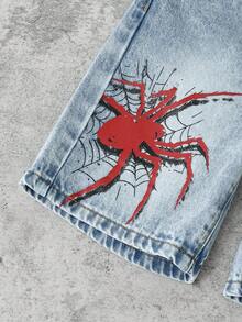 SHEIN Quần short denim dáng rộng màu xám đậm, phong cách đường phố, cá tính dành cho bé trai, với nhiều túi, thích hợp cho trang phục đường phố. - Rửa nhẹ - Xem 5