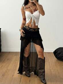 Falda plisada irregular de malla blanca con dobladillo para mujer, estilo hippie boho, western, Y2K, Fairycore, para festivales de música de verano - Blanco - Ver 9