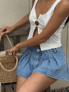 Sunnyshic Quần short denim ống rộng xếp ly thời trang mùa hè dành cho nữ. - Rửa nhẹ - Xem 1