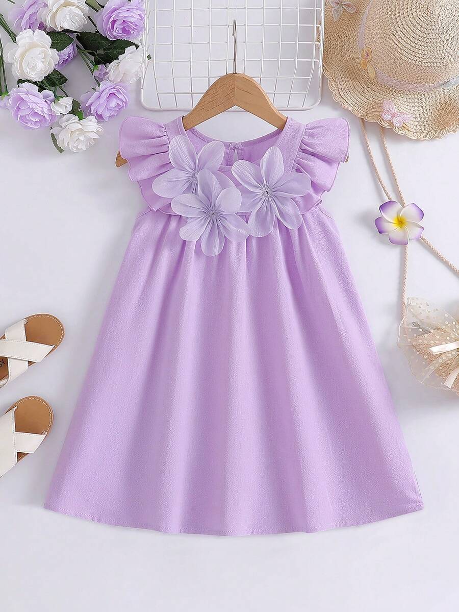 SHEIN Elladie kids 女童纯色优雅连衣裙。精致的荷叶袖设计增添可爱魅力,A字廓形优雅大方。3D立体花卉装饰更添活力。适合多种场合:户外玩耍,轻松吸引眼球;居家休闲,舒适自在;参加派对,优雅惊艳。小公主们的首选。 - 淡紫色 - 查看 1