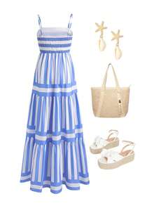 GlowEve Women's Striped Ruffle Hem Casual Maxi Slip Dress - Blue and White - View 4