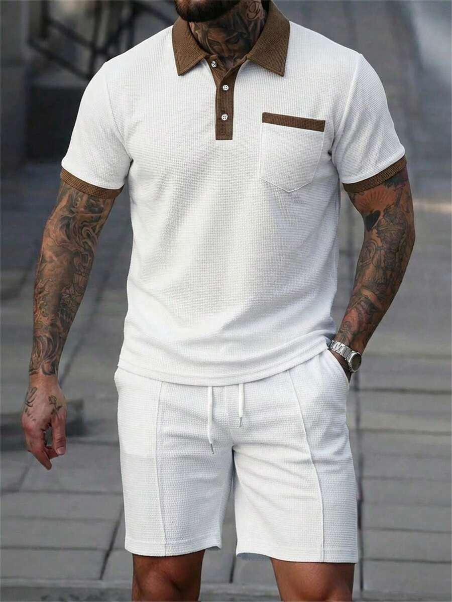 Manfinity CasualCool Men's Waffle Knit Polo Shirt And Shorts Set,White And Brown Contrast Collar 2 Piece Outfits,Summer Casual Vacation Old Money Style Sweatsuit For Men - Beige - View 1