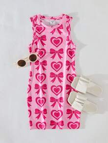 THE HAPPY LOOK Young Girl Heart Pattern Knitted Soft Round Neck Sleeveless Dress - Pink - View 3