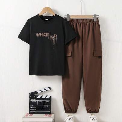 2pcs Boys' Spring/Summer Outfit Set - Printed Black Short Sleeve T-Shirt Paired With Cargo Pants, Casual Versatile Suit