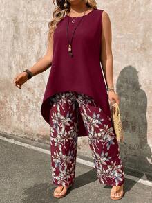 EMERY ROSE Plus Size Women Solid Color Round Neck Top And Wide Leg Pants Casual Everyday Set Fall - Red Violet - View 3